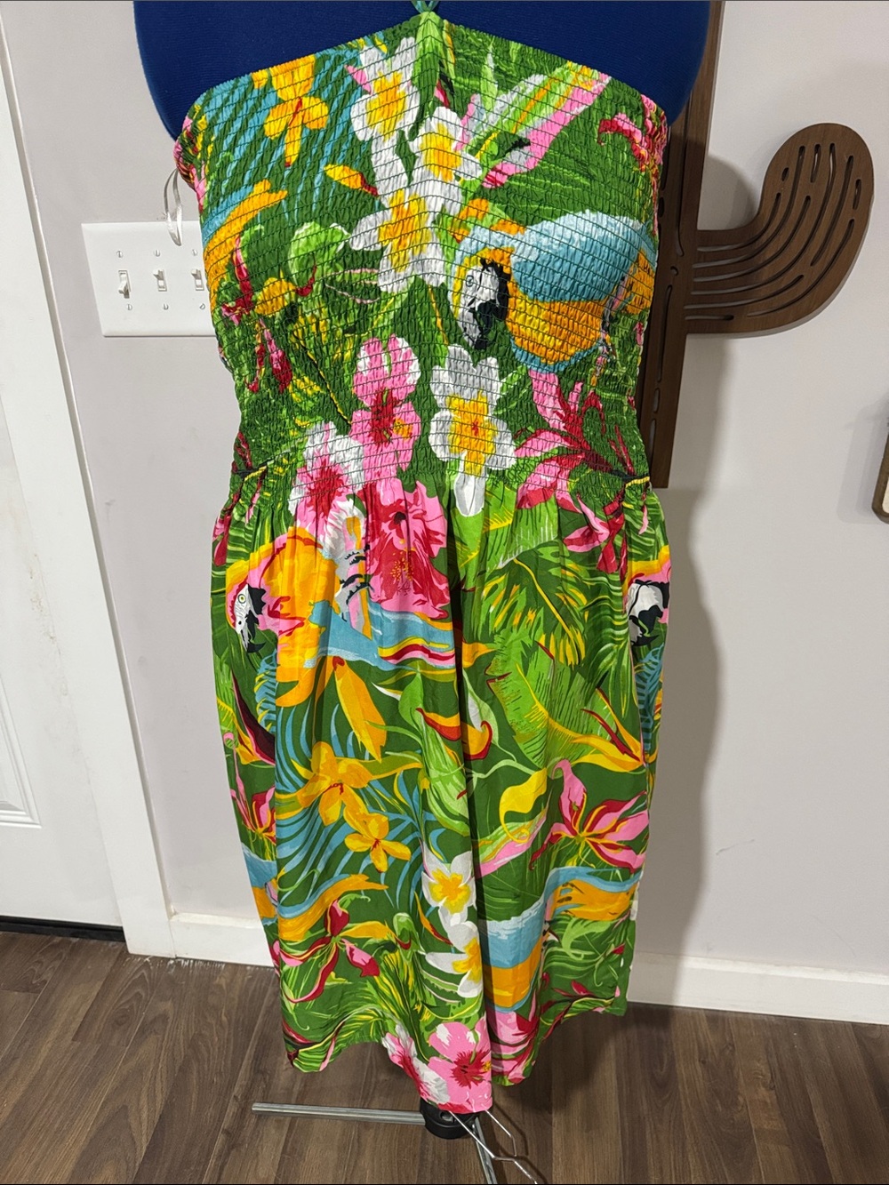 Tropical Green Floral Midi Dress with Smocked Bodice